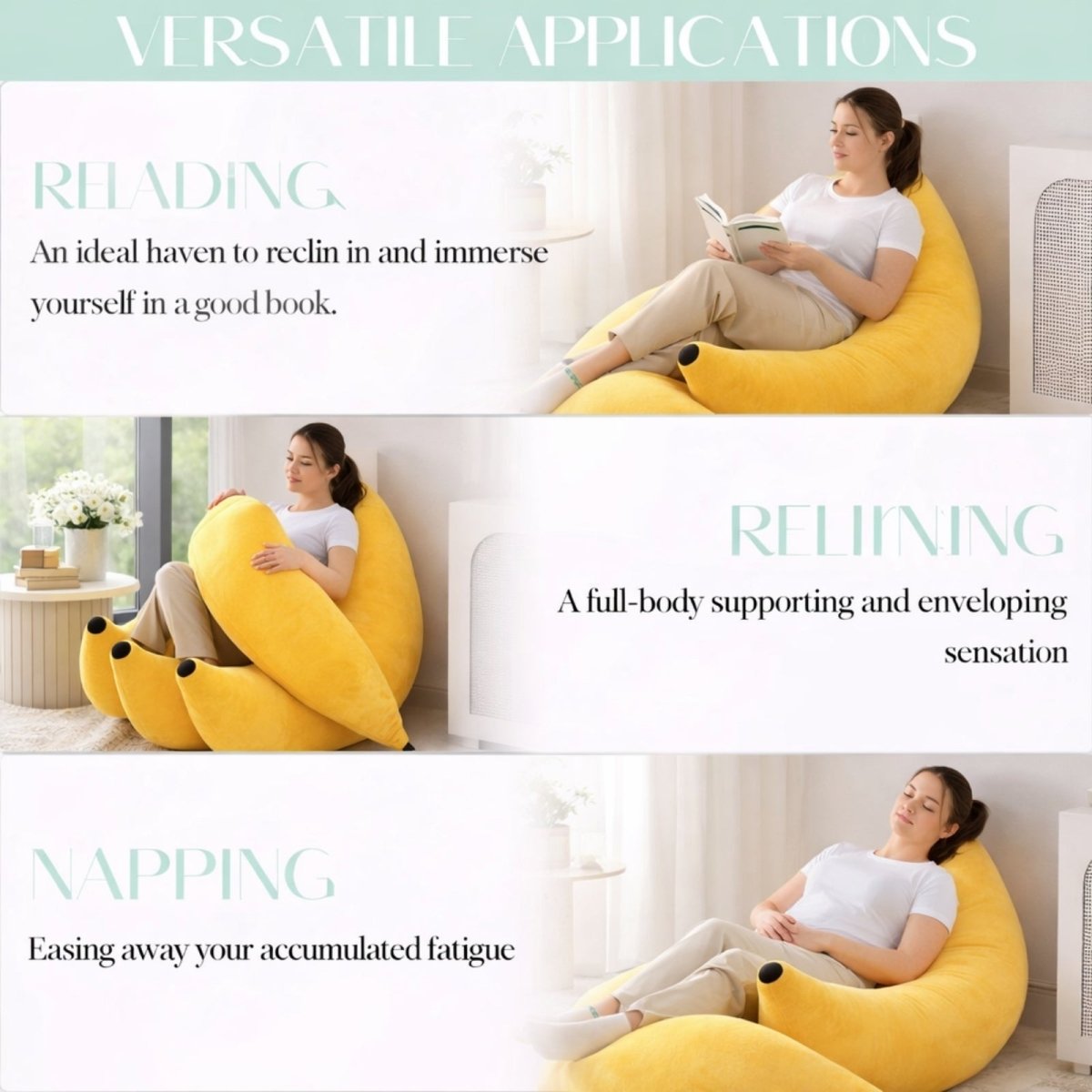 Collage of women relaxing, reading books, and napping in the Kouvr yellow banana lounger demonstrating versatile use cases.