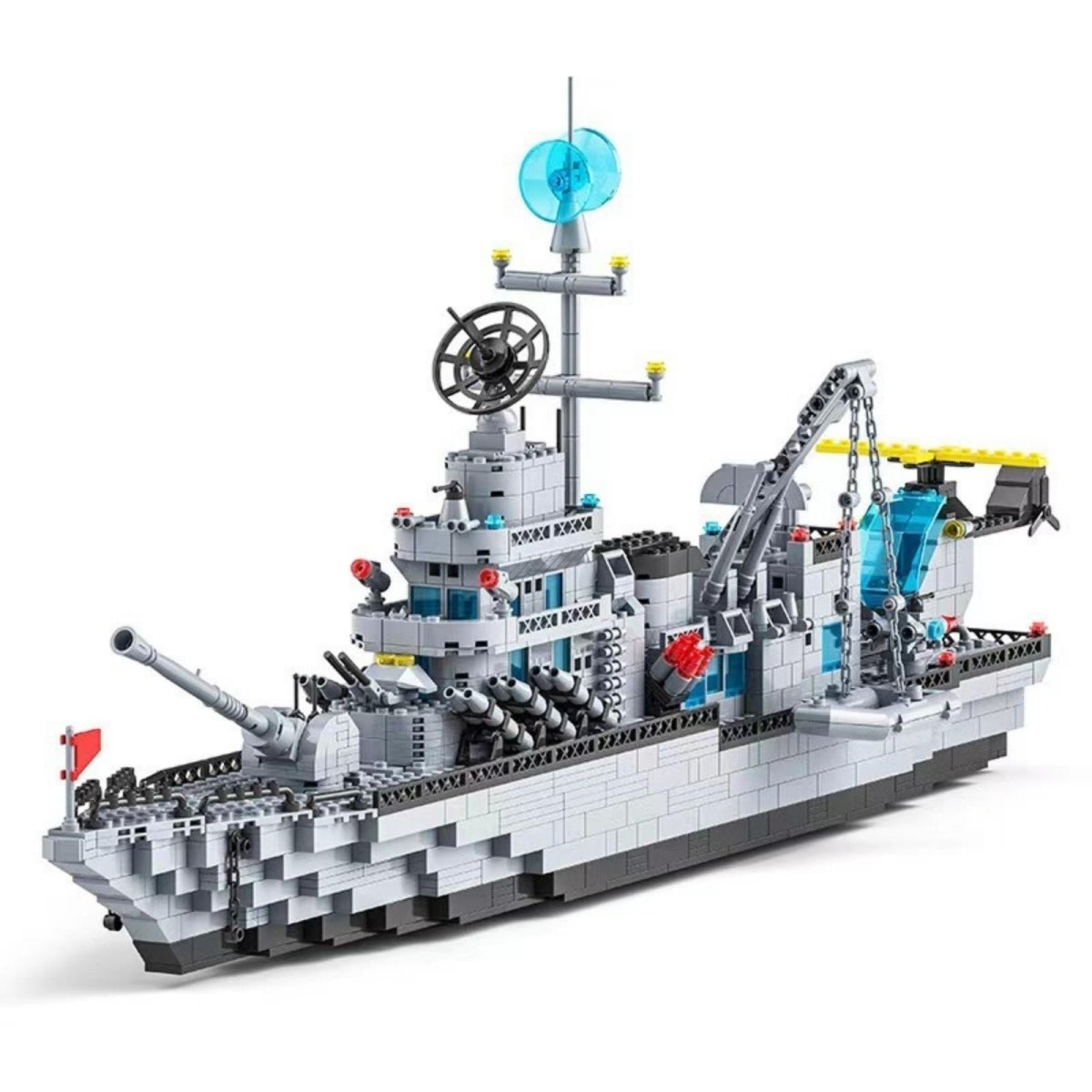 A clean, white-background studio shot of the fully assembled Kouvr battleship building block model showcasing its detailed features and design.