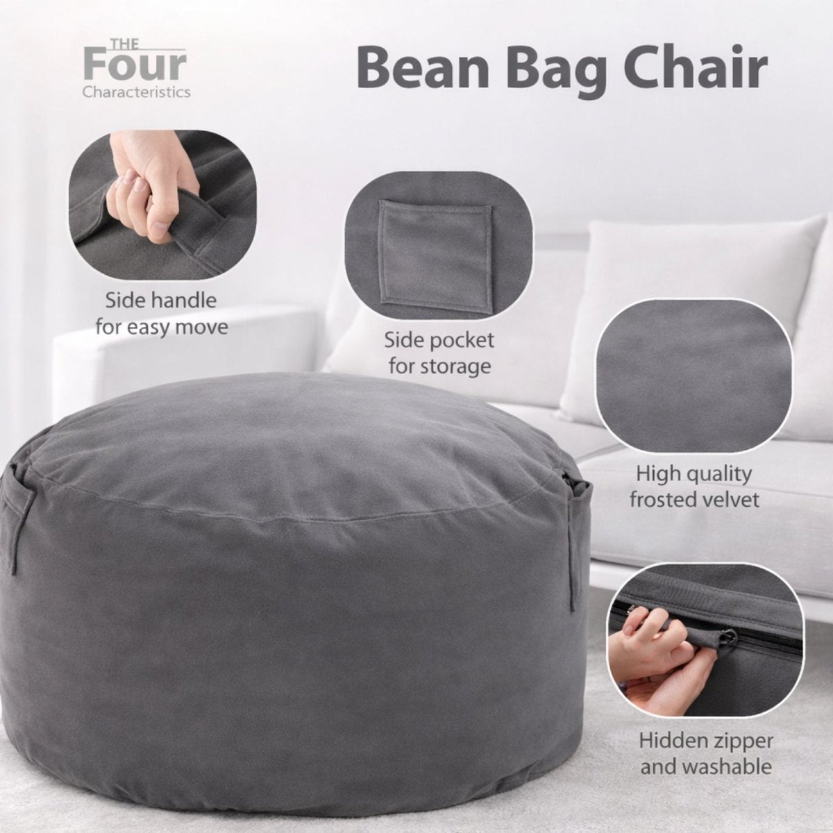 Close-up of the dark grey bean bag chair with an inset showing the blue and white shredded memory foam filling.