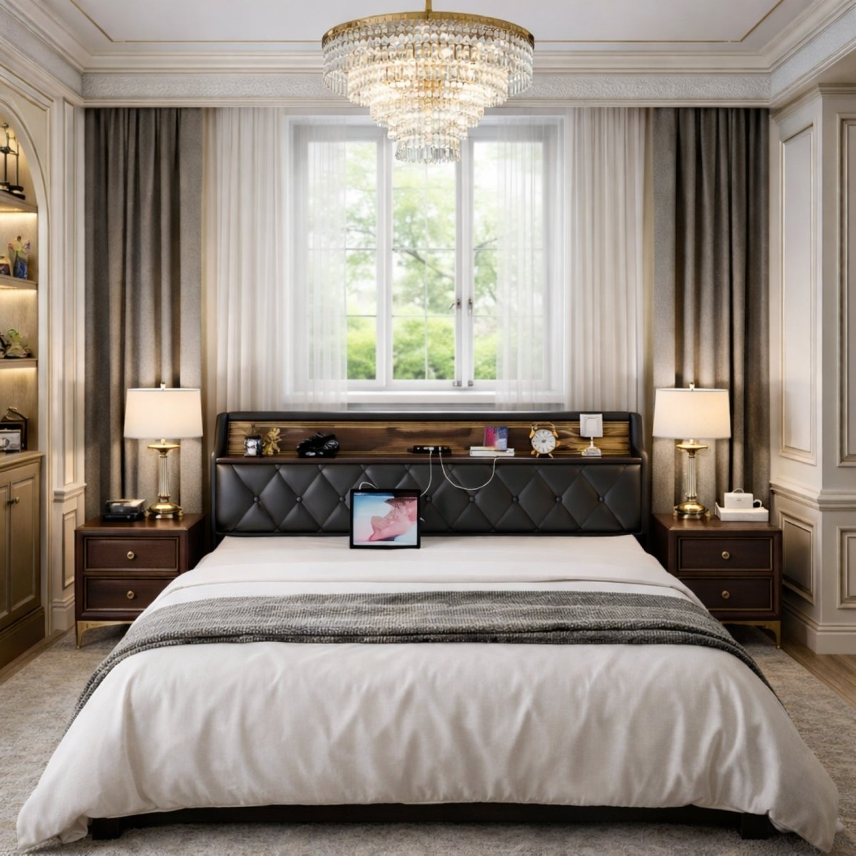 Close-up of the Kouvr bed's headboard showing the built-in storage shelf and USB charging station with a tablet plugged in.