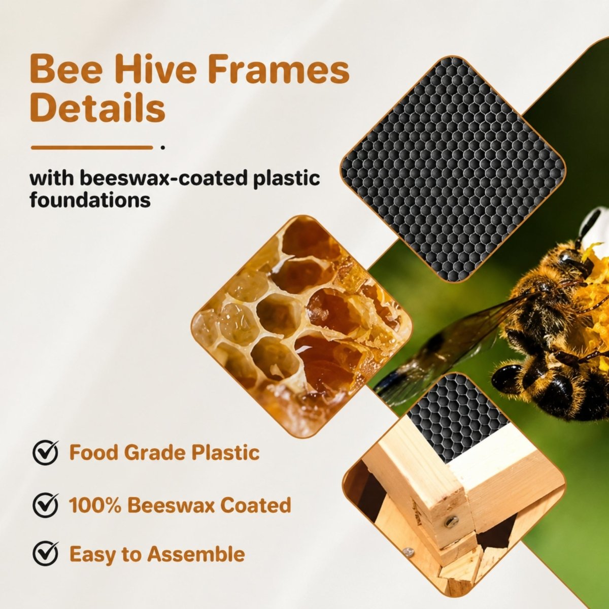 Infographic detailing Kouvr bee hive frames featuring food grade plastic, 100 percent beeswax coating, and easy assembly, showing close-ups of black honeycomb foundations and real honeybees.