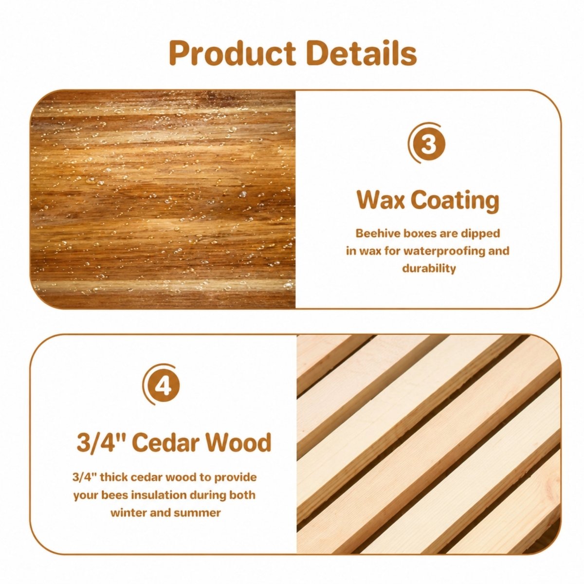 Product material details of the Kouvr beehive highlighting the heavy wax coating showing water droplets for waterproofing, alongside the thick three-quarter inch cedar wood slats for seasonal insulation.