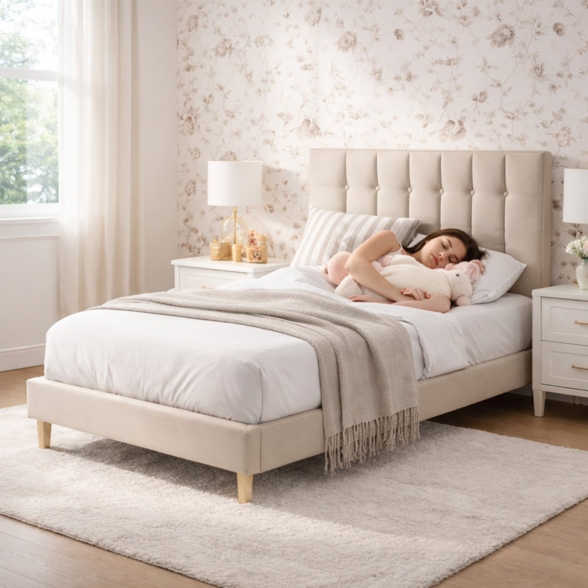 Lifestyle shot of a girl sleeping in the Kouvr beige upholstered twin bed, featuring a soft padded headboard and warm neutral tones for a cozy bedroom aesthetic.