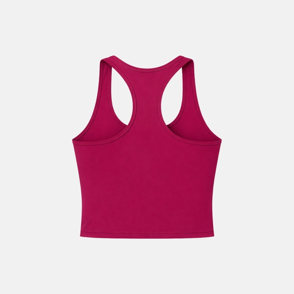 Back flat lay view of the Kouvr berry red racerback cropped activewear top showing rear construction details