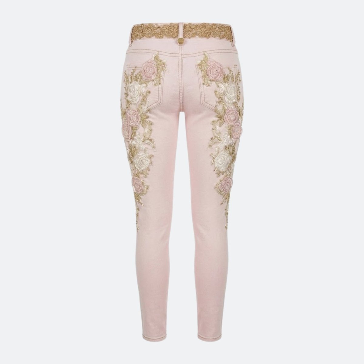 Flatlay product shot of the back of the Kouvr Beth blush pink skinny jeans, detailing the embroidery placement on the seat and back of the legs.