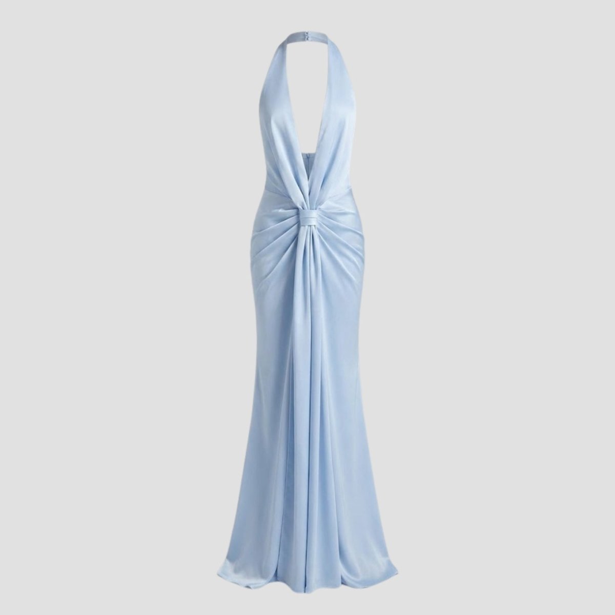 Flat lay product shot of the front of the Beverly light blue satin halter maxi dress.