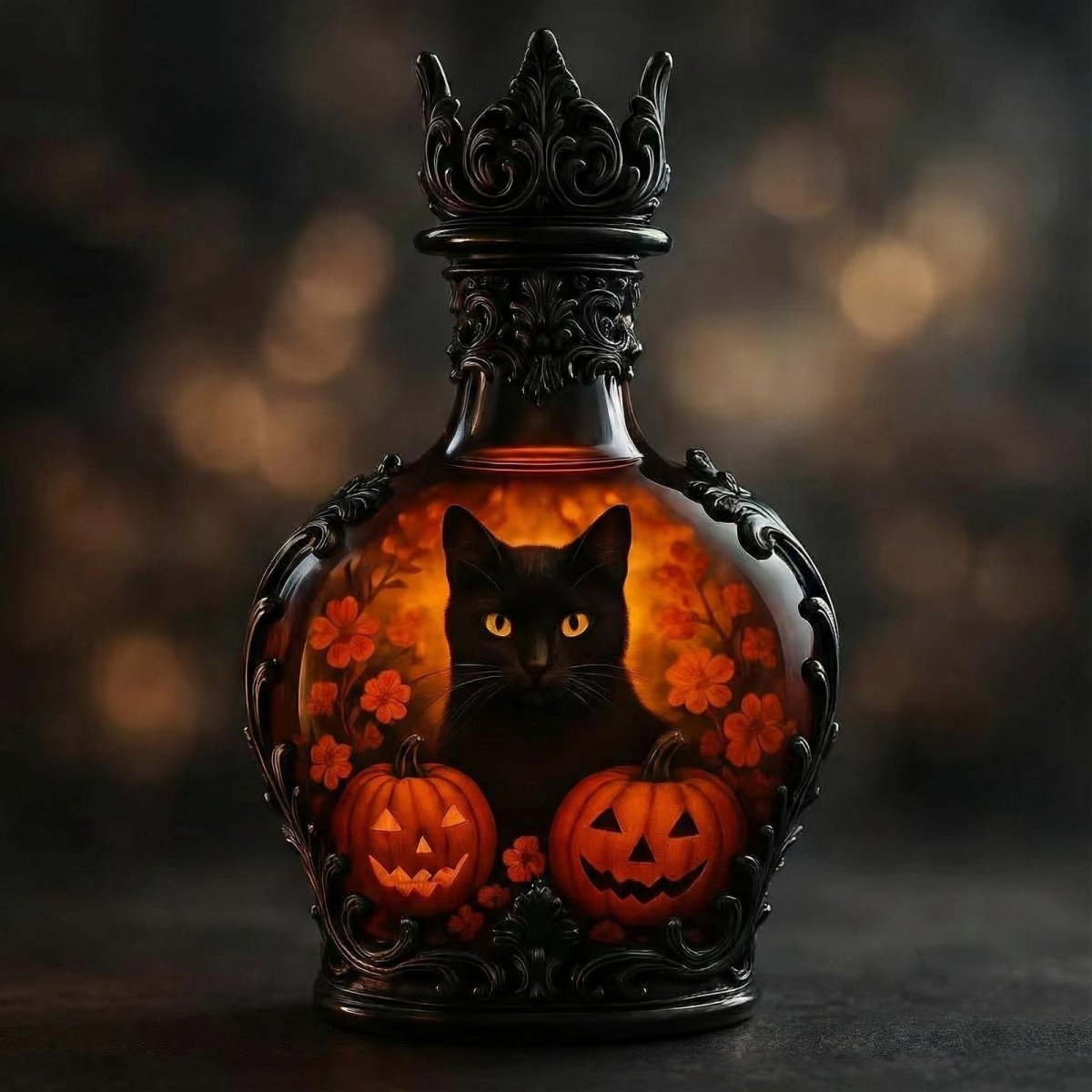 A luxury Halloween decorative bottle by Kouvr featuring a black cat with glowing eyes sitting between two jack-o'-lanterns, with an orange glow.