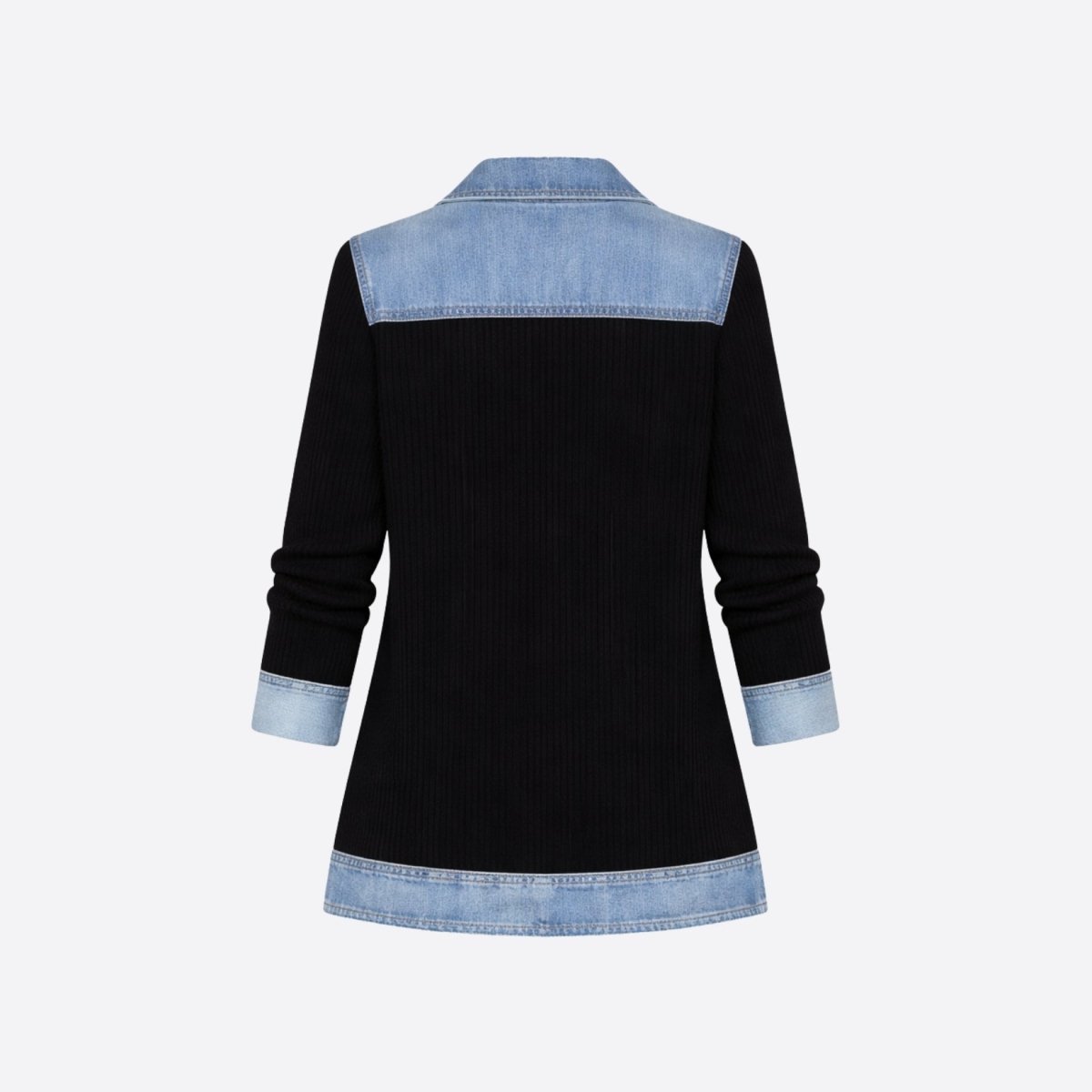 Flat lay back view of the Kouvr black ribbed knit and blue denim contrast button-up cardigan jacket.