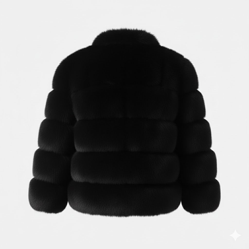 Back product-only shot of the Kouvr collarless black faux fur panelled jacket on a white background.