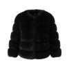 Front product-only shot of the Kouvr collarless black faux fur panelled jacket on a white background.