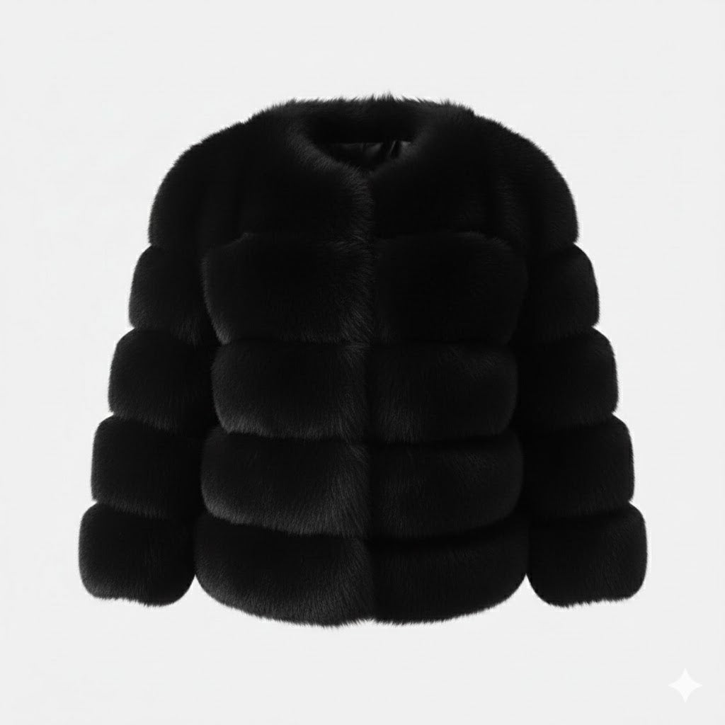 Front product-only shot of the Kouvr collarless black faux fur panelled jacket on a white background.