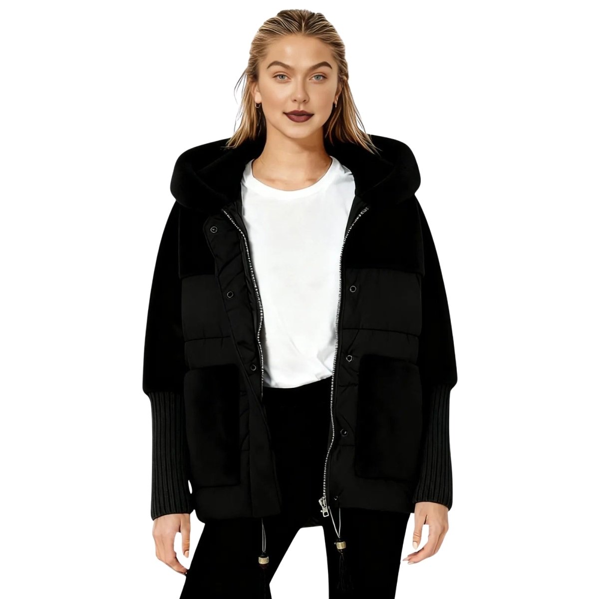 Woman wearing a black kouvr jacket over a white shirt on a white background