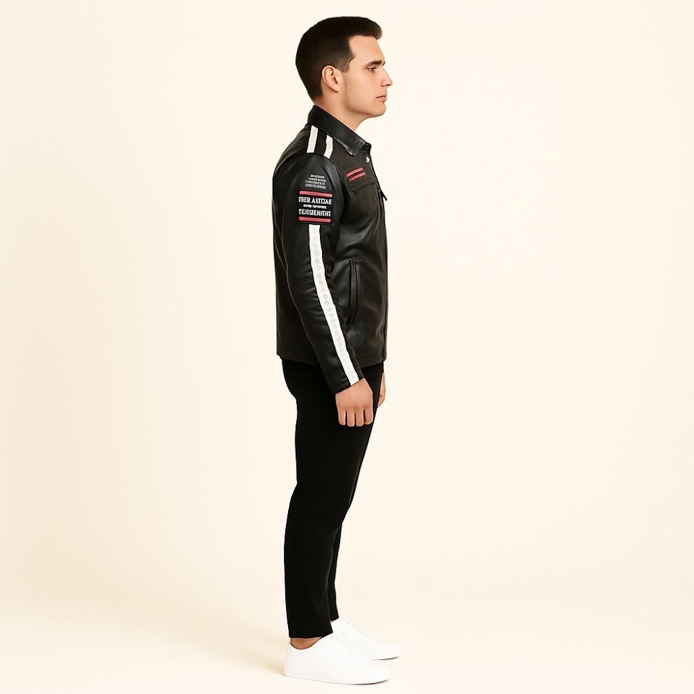 winter leather jacket, fleece lined jacket, jacket with patches, racing jacket, cafe racer jacket, black slim fit jacket.