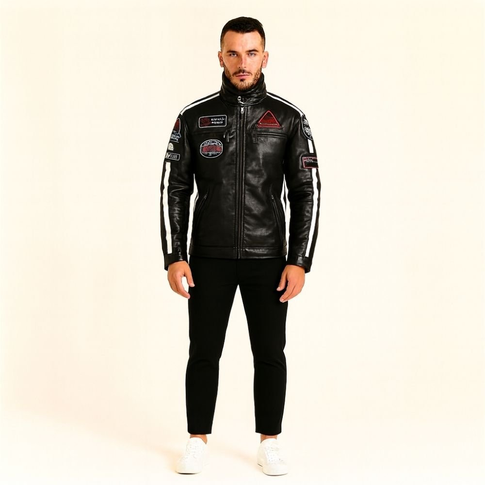 winter leather jacket, fleece lined jacket, jacket with patches, racing jacket, cafe racer jacket, black slim fit jacket.