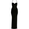 Model from behind in Kouvr black halter neck evening gown with ruching detail