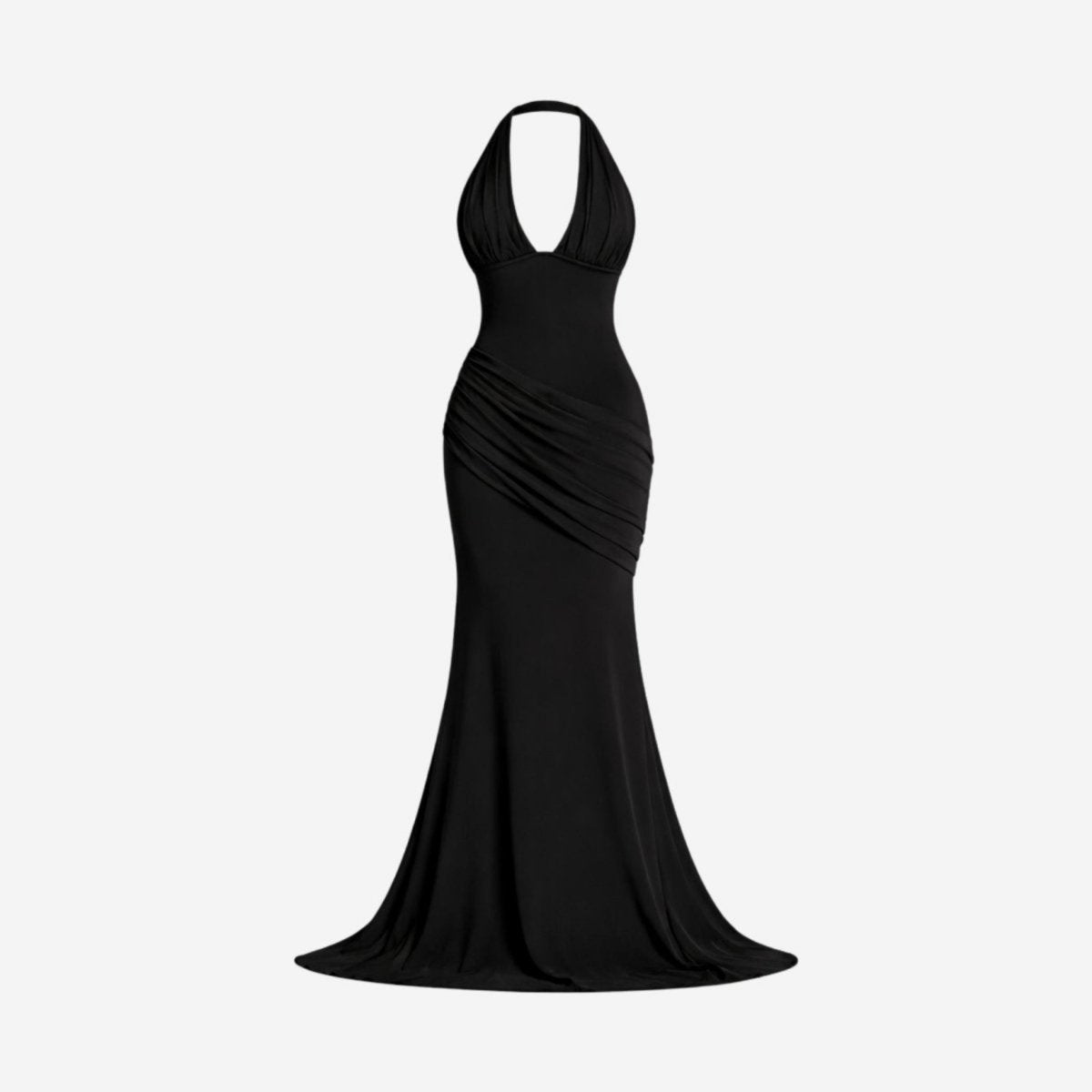 Front view of a black halter v-neck ruched mermaid maxi dress on an invisible ghost mannequin, showcasing the garment's silhouette.
