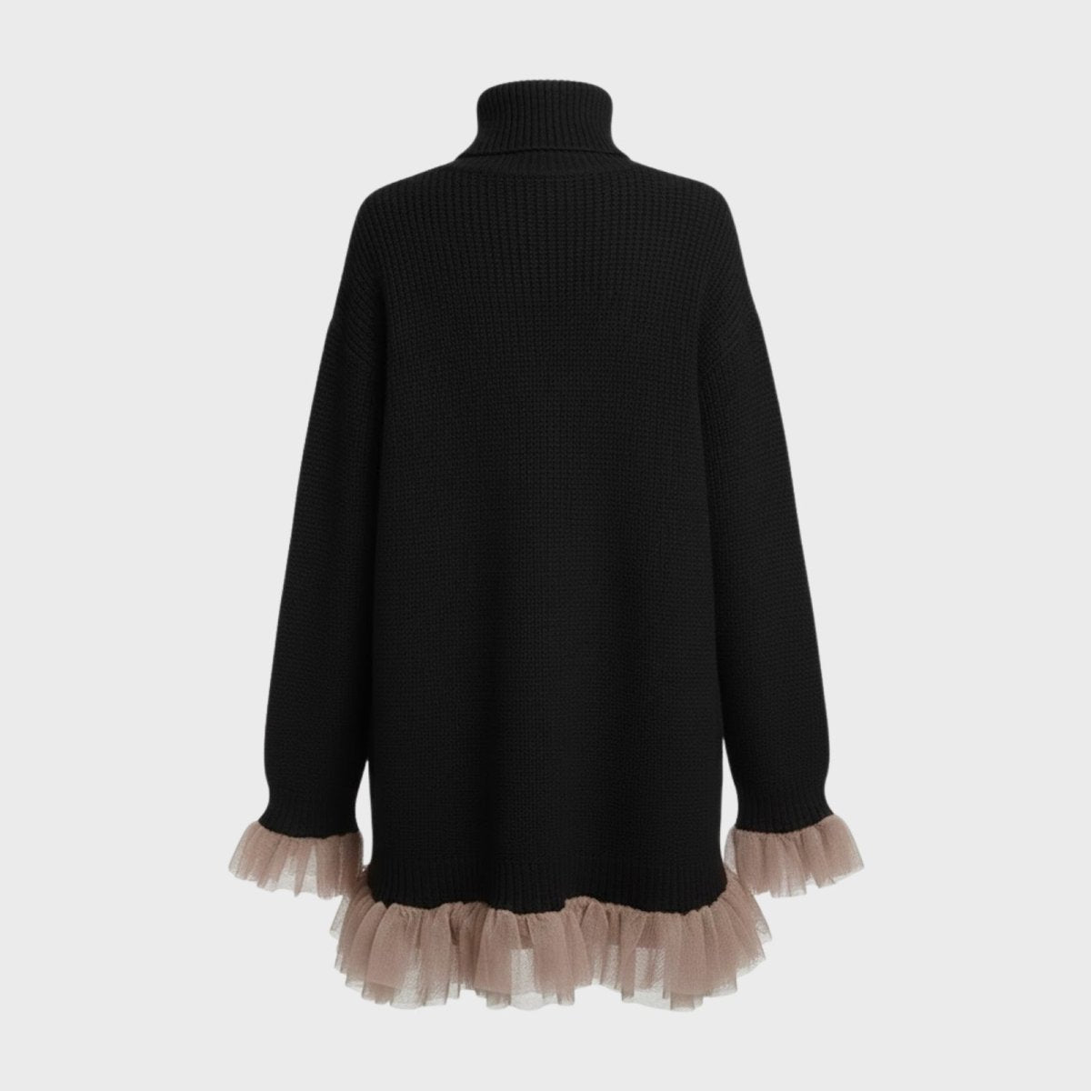 Product-only image of the back of the Kouvr black turtleneck sweater dress, laid flat to display its shape and tulle accents.
