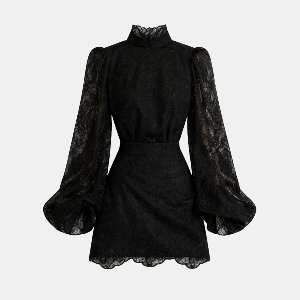 Front view product shot of a black floral lace mini dress with dramatic bishop sleeves and a high scalloped collar laid flat on a white background.