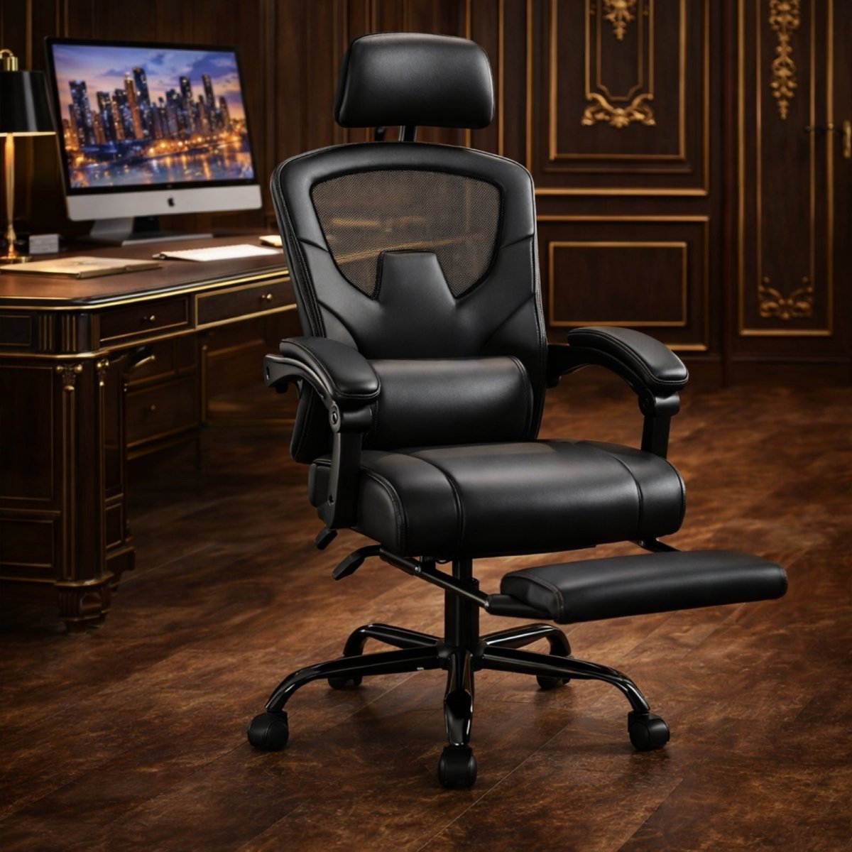 The Kouvr executive office chair in black PU leather with a mesh back panel and extended footrest, set in a classic wood-paneled office.
