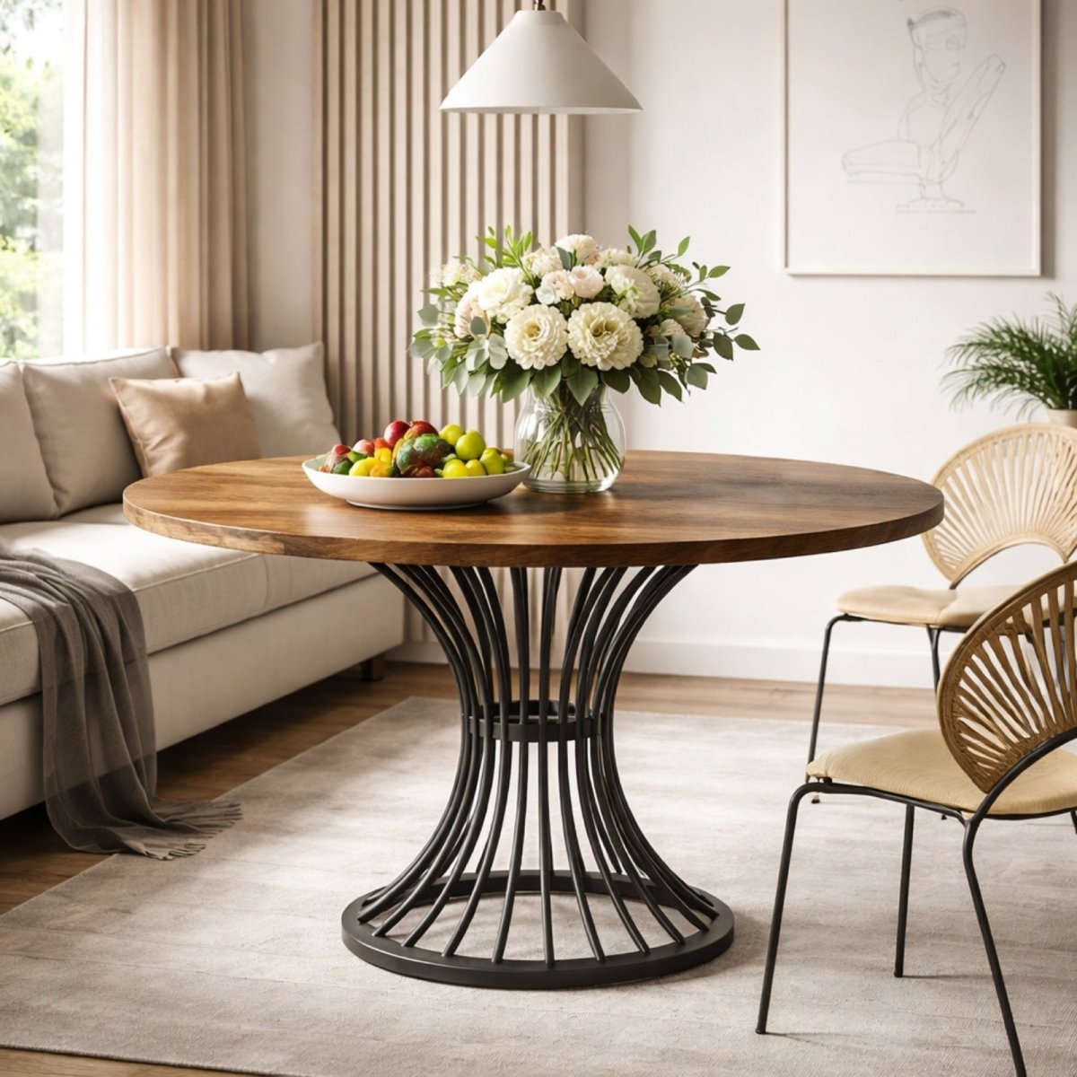 Architectural black metal curved slat pedestal base of the Kouvr dining table, industrial design style ensuring stability.