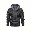 Product shot of the men's black faux leather jacket with a removable grey hood on a white background.  