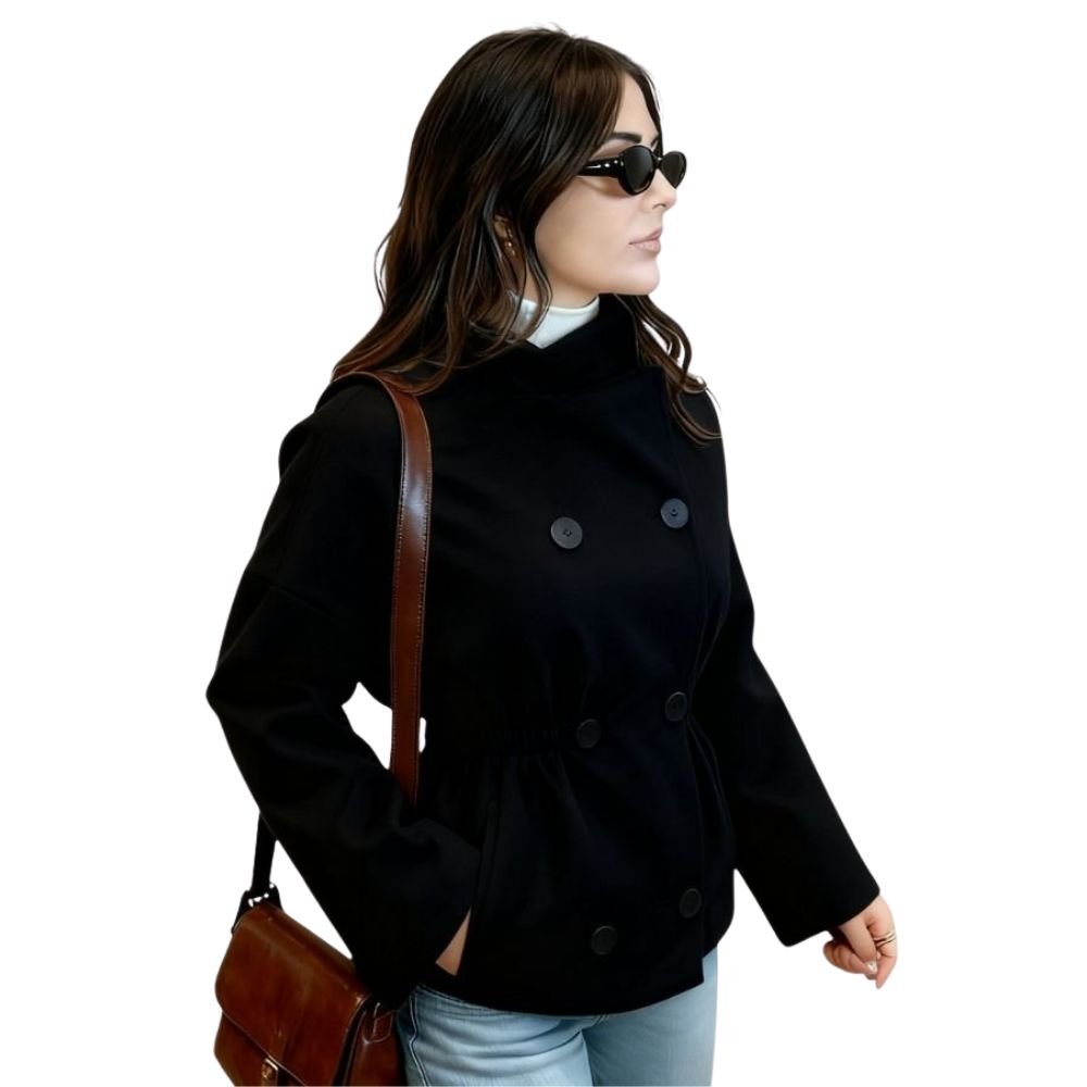 Model from the back wearing the Kouvr Black Niana Cropped Peacoat showing the boxy fit and back button details