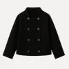 Model from the back wearing the Kouvr Black Niana Cropped Peacoat showing the boxy fit and back button details
