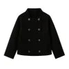 Model from the back wearing the Kouvr Black Niana Cropped Peacoat showing the boxy fit and back button details