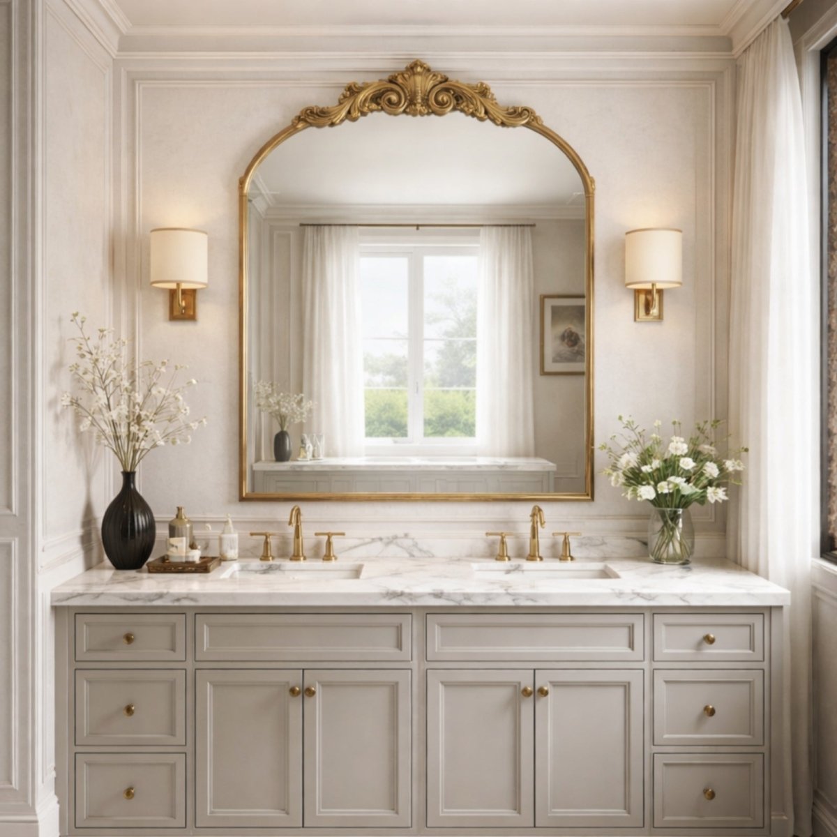 Matte black arched mirror with vintage scrollwork hanging on a grey wall above a console table in a modern entryway.