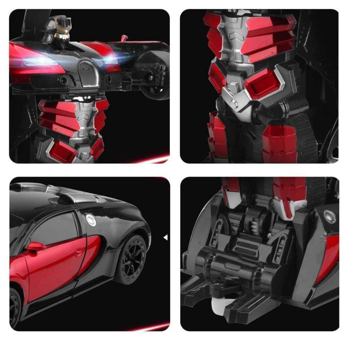 Transforming toy vehicle with red and black design on a black background