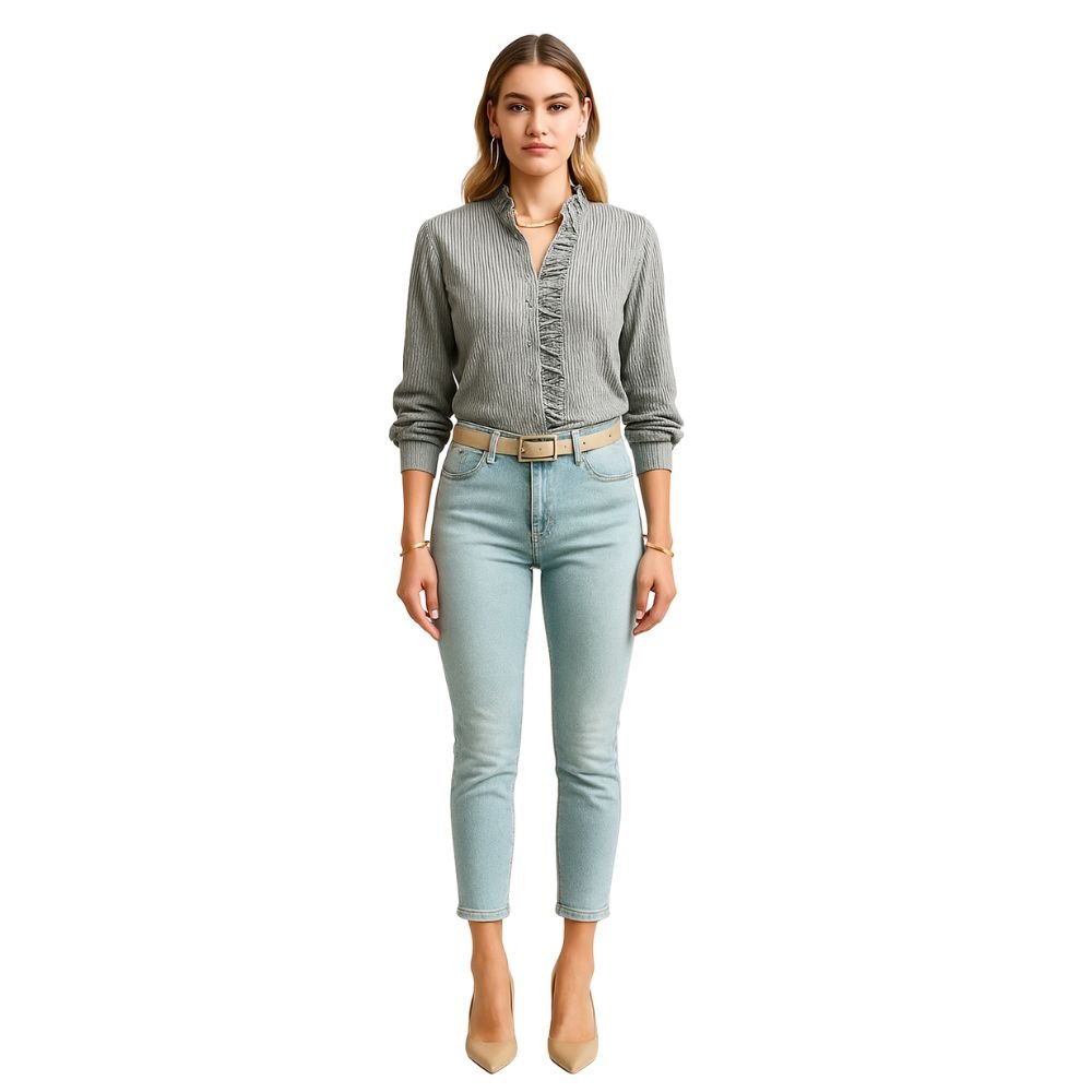 Kouvr Women's Black Ruffle Trim Textured Blouse.