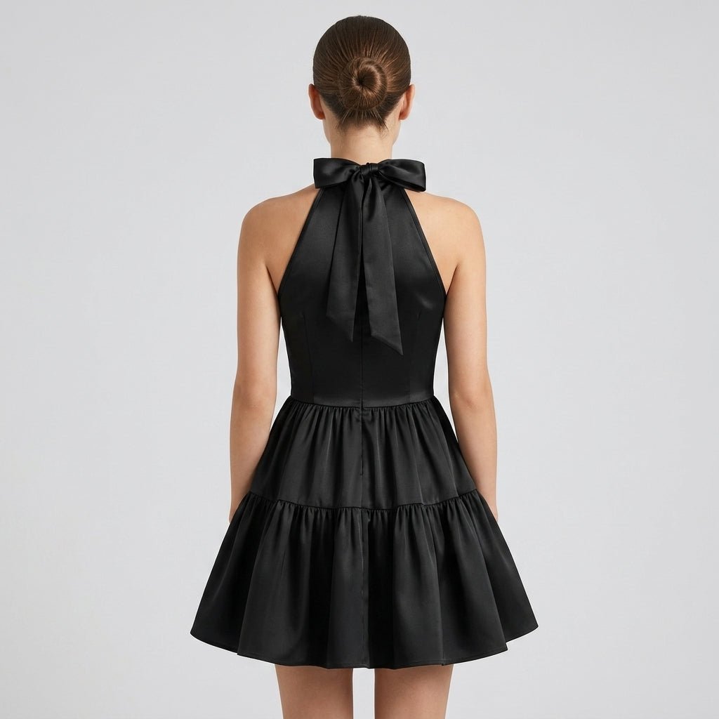 Back view of model wearing the Kouvr black satin little black dress, showcasing the open shoulder design, back zipper, and elegant neck tie bow.
