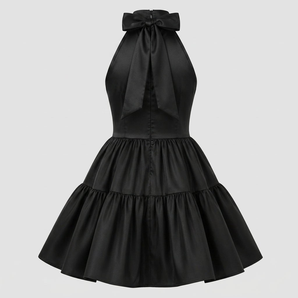 Ghost mannequin back view of the Kouvr black satin party mini dress highlighting the tailored bodice, back zip closure, and double tiered gathered skirt.