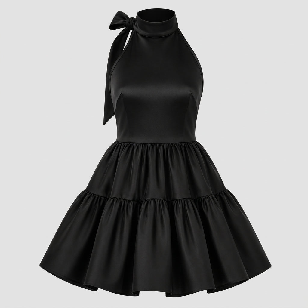 Ghost mannequin front view of the Kouvr black satin tiered ruffle mini dress featuring a high halter neckline and statement bow tie.