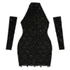 Model wearing Kouvr Fashion black sequin high-neck mini dress with opera gloves from the back