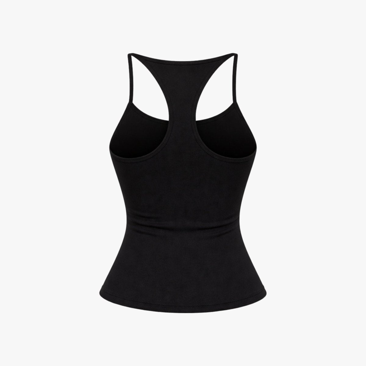 Flat lay product shot of Kouvr black T-back camisole displaying the intricate rear strap design and tailored waist