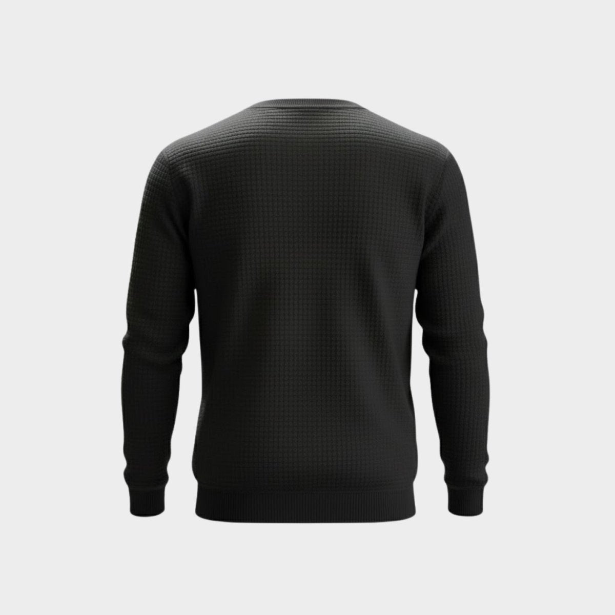 Back view of the Kouvr men's black crewneck sweater, showing the full waffle-knit pattern and construction details.