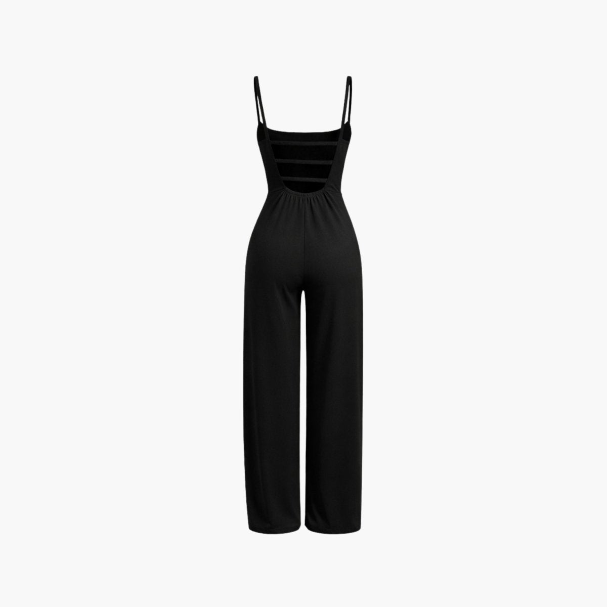 Flat lay back view of Kouvr black jumpsuit showing the cage strappy back detail