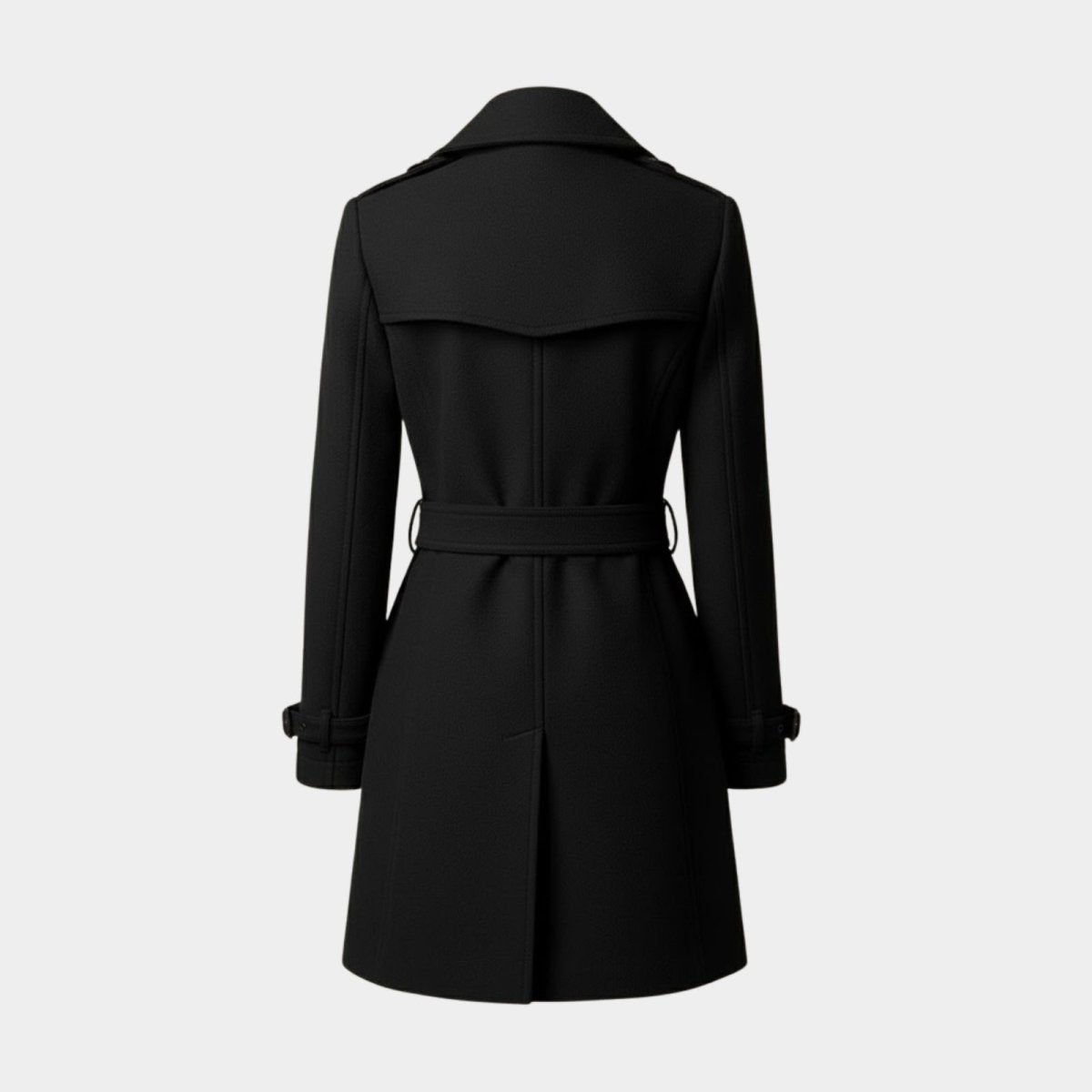 Product-only studio shot of the back of the Kouvr women's black wool trench coat, detailing the belt and storm shield craftsmanship.