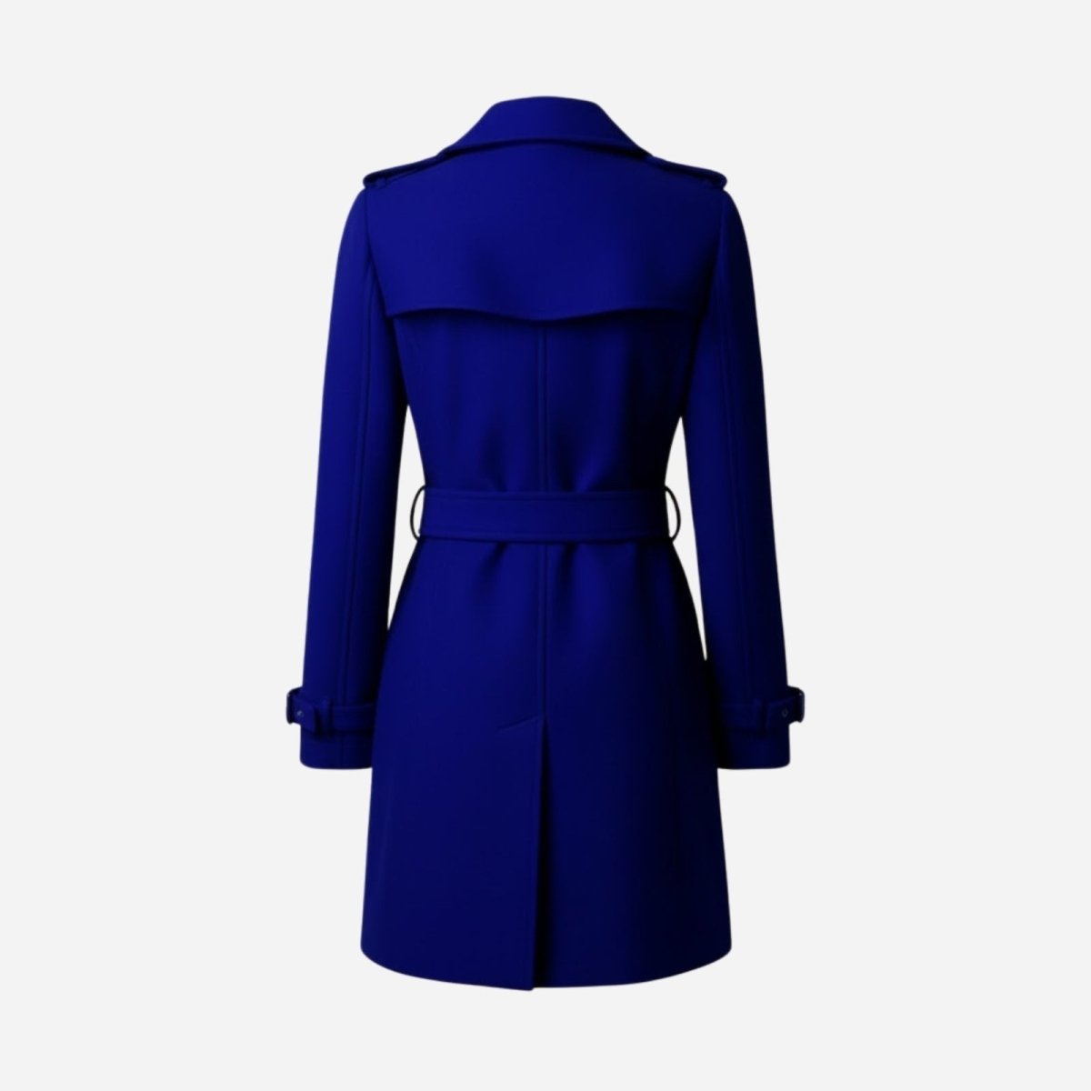Back view of a belted blue trench coat showing detailed craftsmanship of the waist belt and storm flap.