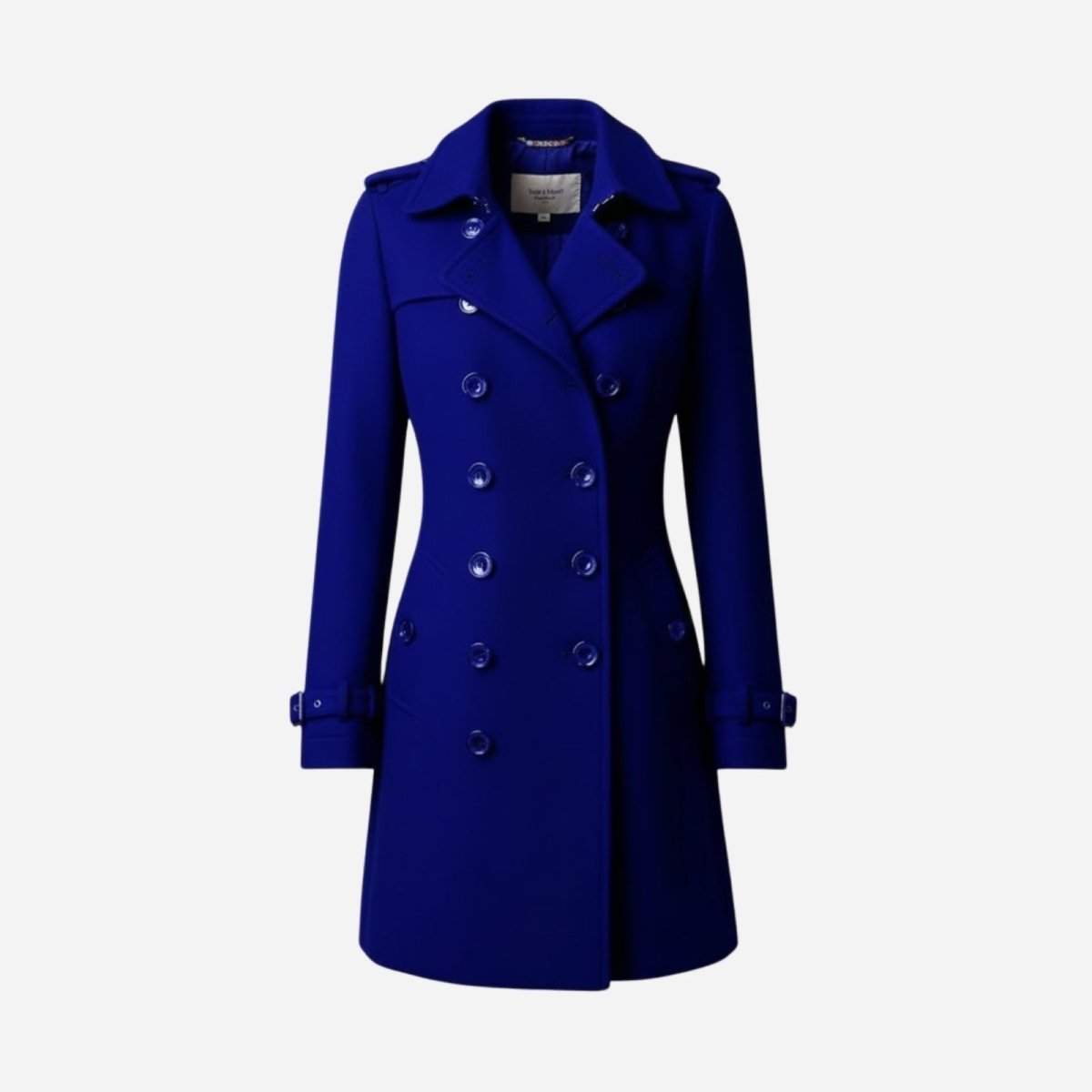 Studio product shot of a blue double-breasted women's trench coat on a white background, buttoned up. 