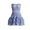 Model wearing the Kouvr Starla blue embroidered strapless mini dress against a studio background