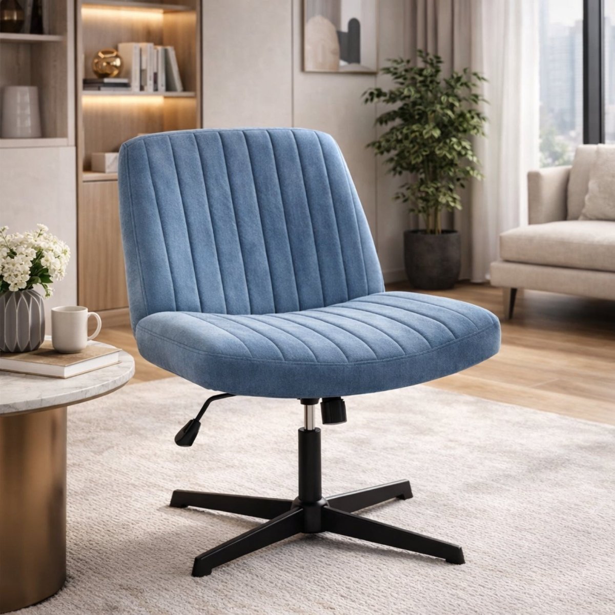 Blue fabric criss cross chair with ribbed backrest styled in a contemporary reading nook.
 