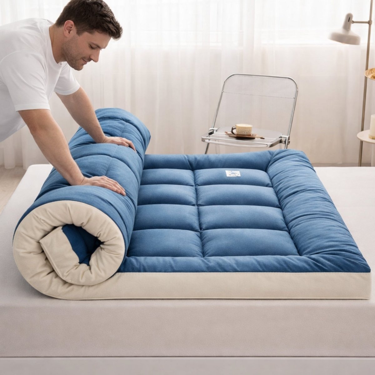 Man effortlessly rolling up a thick blue Kouvr Japanese floor mattress with cream piping in a modern, sunlit bedroom.