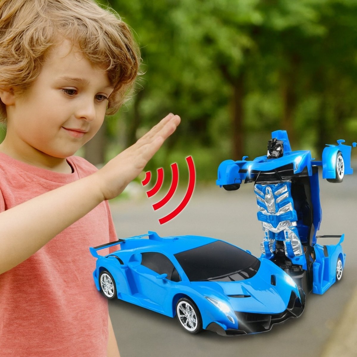Child with a blue toy car and robot transforming, outdoors.