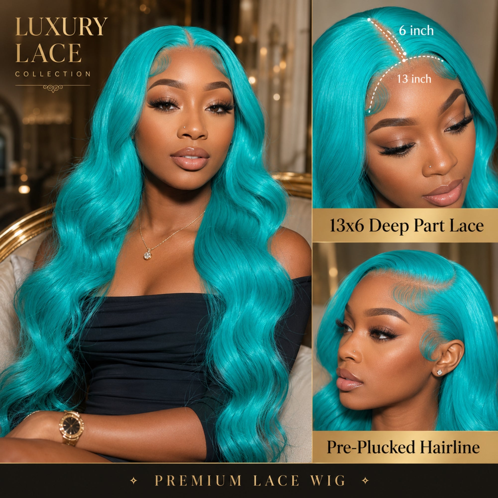 A composite image for Kouvr showing features of the blue wavy lace wig: a 13x6 deep part lace area, a pre-plucked hairline, and a luxury lace collection brand label.
