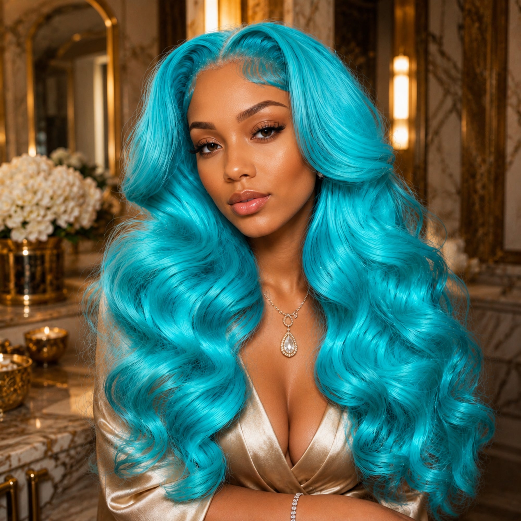 Close-up view of the long wavy cyan blue lace front wig from Kouvr's luxury collection, showing natural baby hairs, realistic HD lace hairline, and flowing synthetic waves.