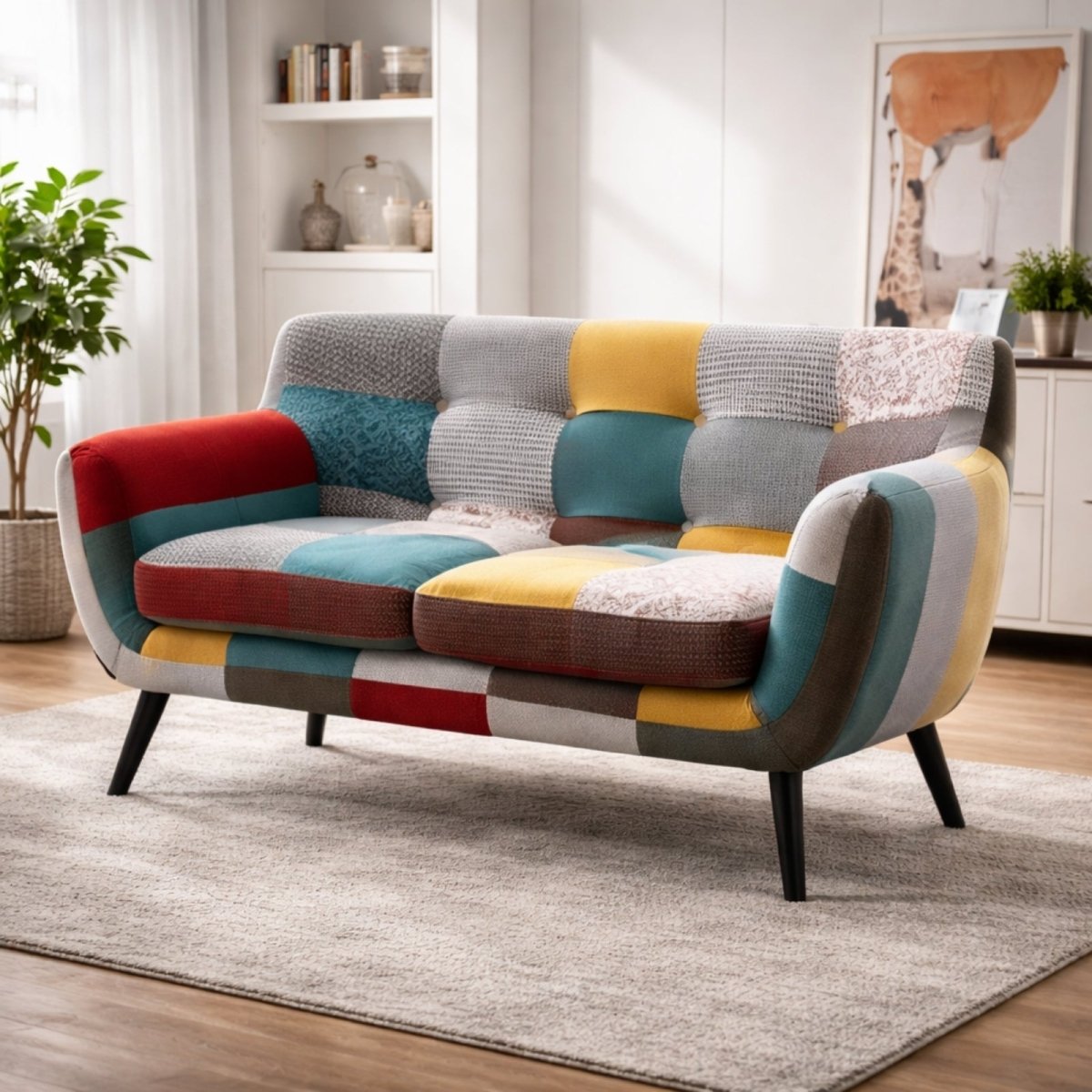 Kouvr Bohemian patchwork loveseat featuring colorful floral and plaid linen fabric squares with red, yellow, and blue accents on splayed wooden legs.