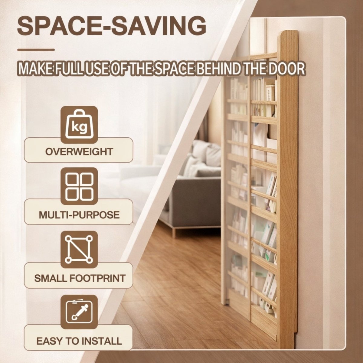 Side view of slim bookshelf illustrating space-saving design behind an open door, highlighting small footprint and wall anchor system.