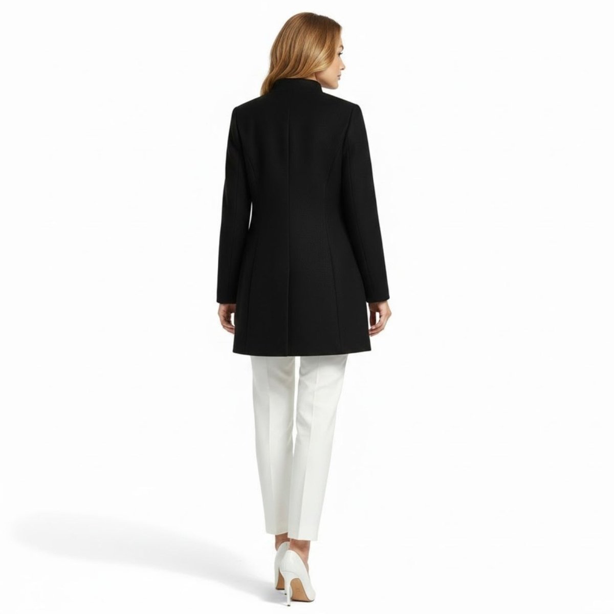 Back view of the black Kouvr Fashion brandi wool coat, showing the shaping from the princess seams and the minimalist high collar.